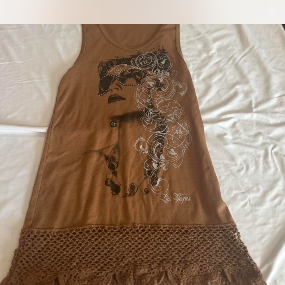 Brown Graphic Crochet Trimmed Tank